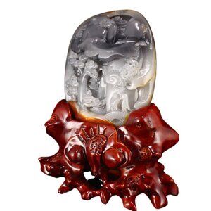 Chinese Hetian Jade Statue w Scholars & Mountain Scene
